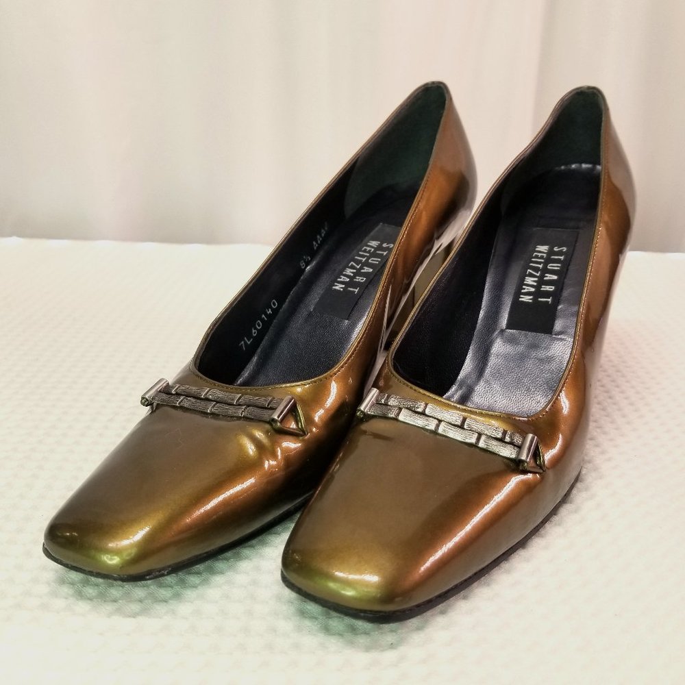 Stuart Weitzman Women's Olive Green Patent Leather Chunky Heel Pumps